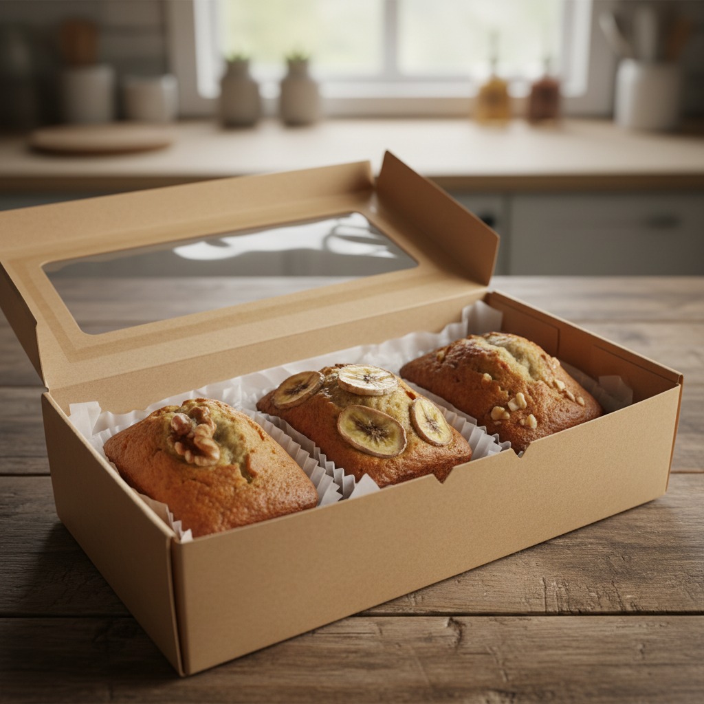 An open cardboard bakery box on a wooden table contains three different mini banana breads topped with walnuts, banana slices, and chopped nuts.
