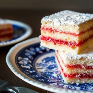 Two square slices of layered cake stacked on a patterned plate.